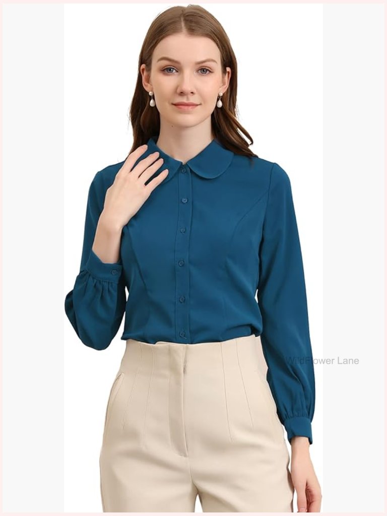Peter Pan Collar Blouse Long Sleeve Button Down Business Casual Work Shirt Women